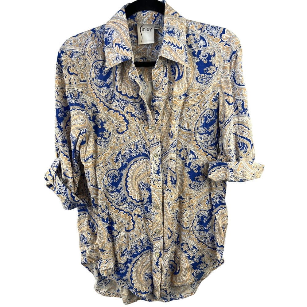 Finley Blue Paisley Roll-tab Button-up Blouse SZXS Office Career Workwear